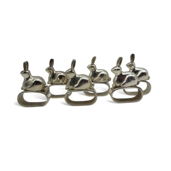 Bunny Rabbit NAPKIN HOLDER Ring Set of 6 Heavy Silver Tone Metal - Picture 1 of 11